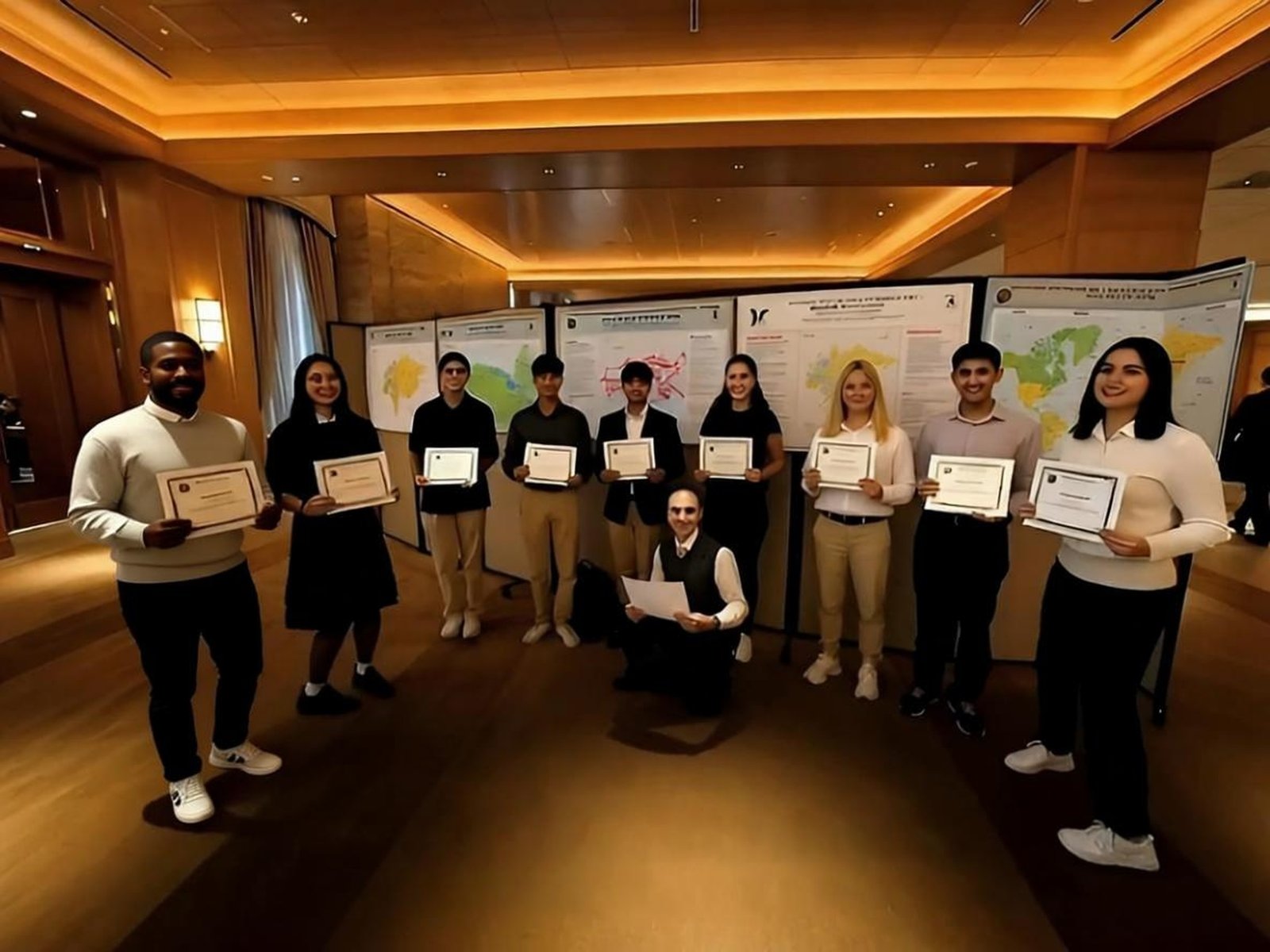 Students celebrating research achievements with certificates and posters